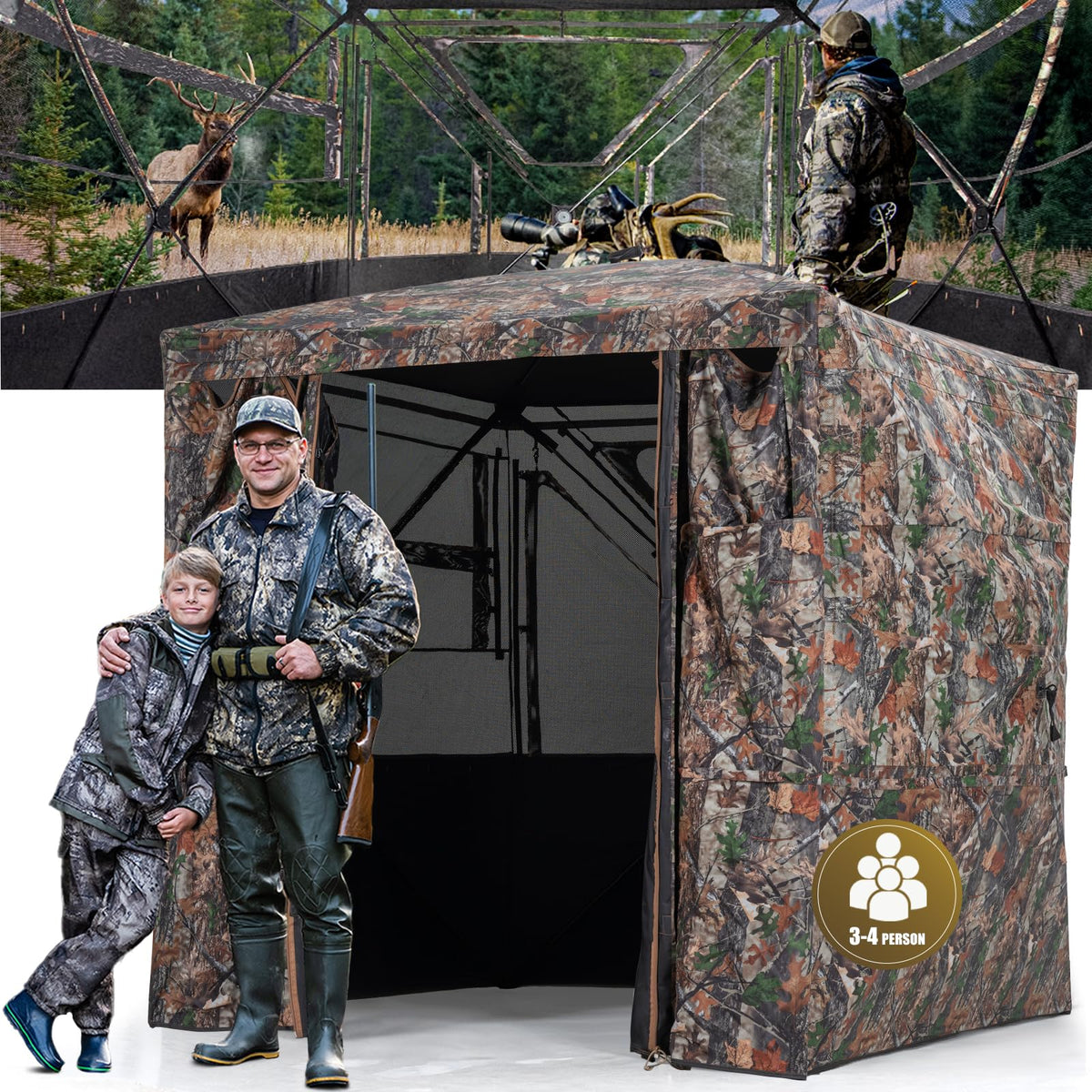 HUNTSEN hunting blind with 270-degree view for spotting game while remaining hidden.