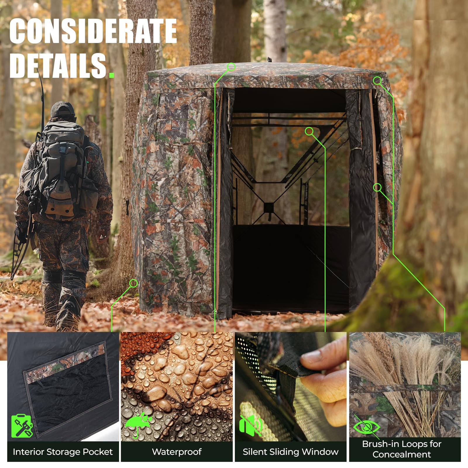 HUNTSEN hunting blind uses pop-up design for fast setup and takedown.