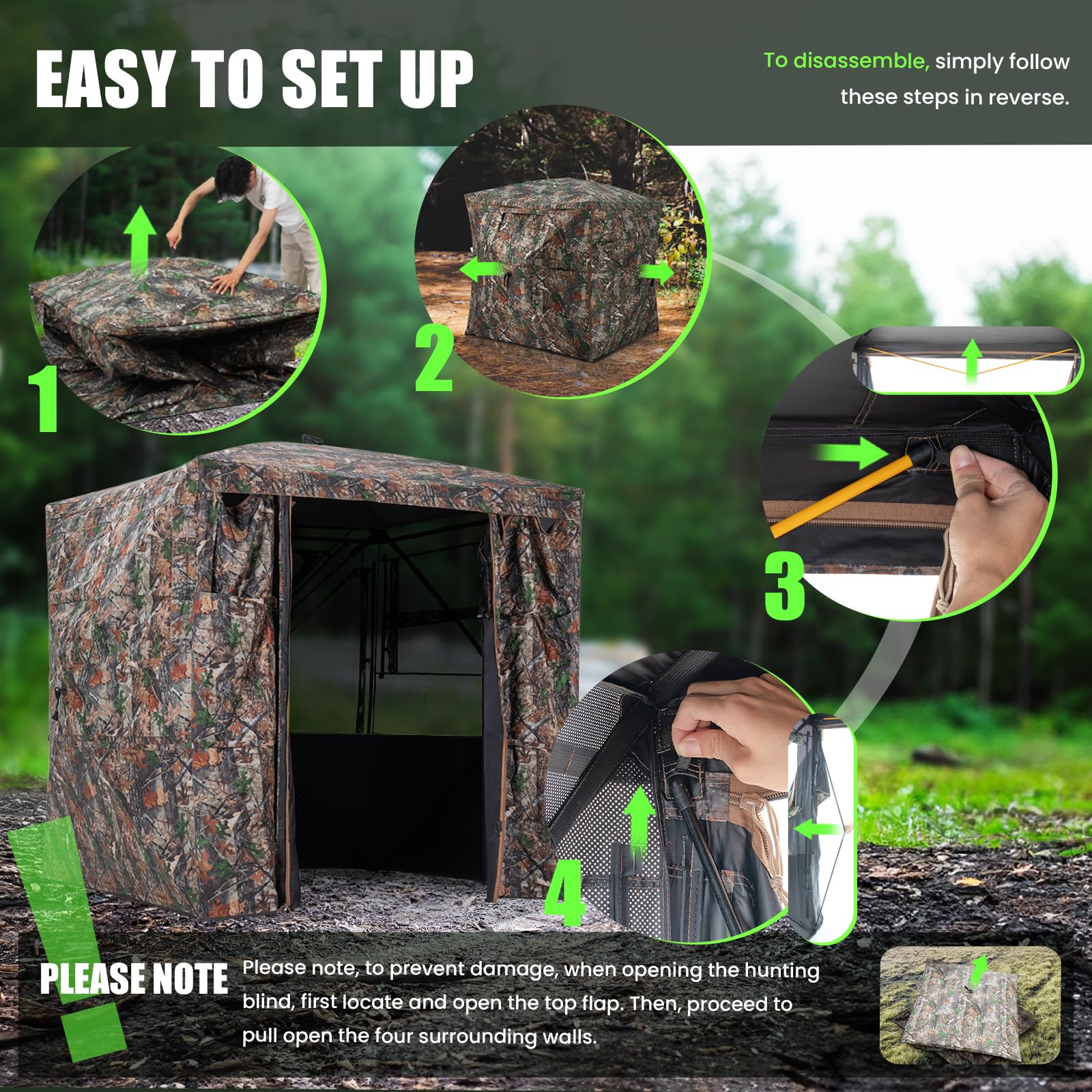 HUNTSEN ground blind built to withstand harsh weather conditions.