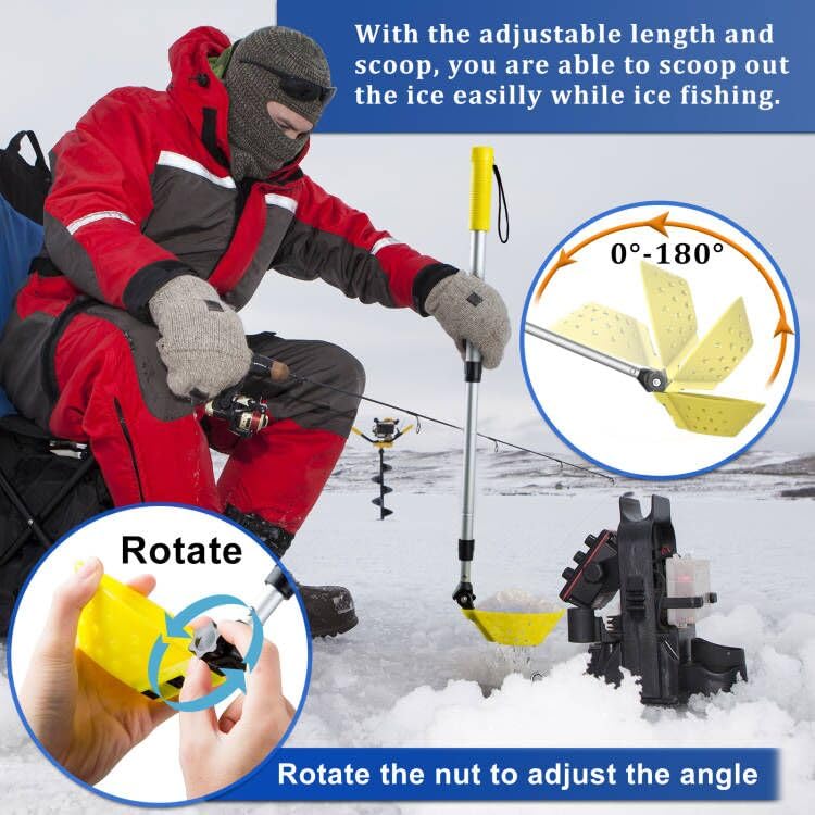 Huntury ice fishing scoop skimmer 180-degree angle offers versatile scooping.