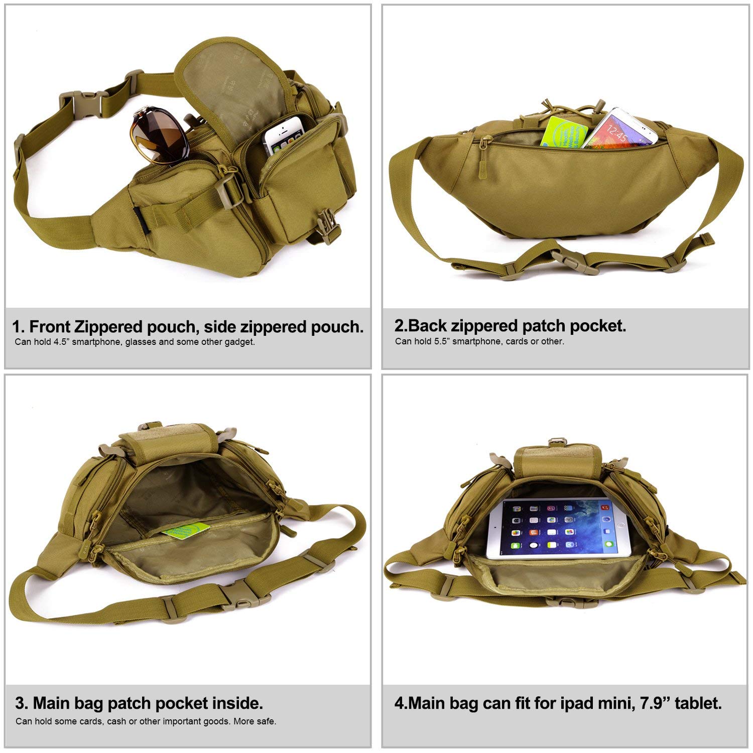 Huntvp Military Fanny Pack pocket layout enables multitask storage.