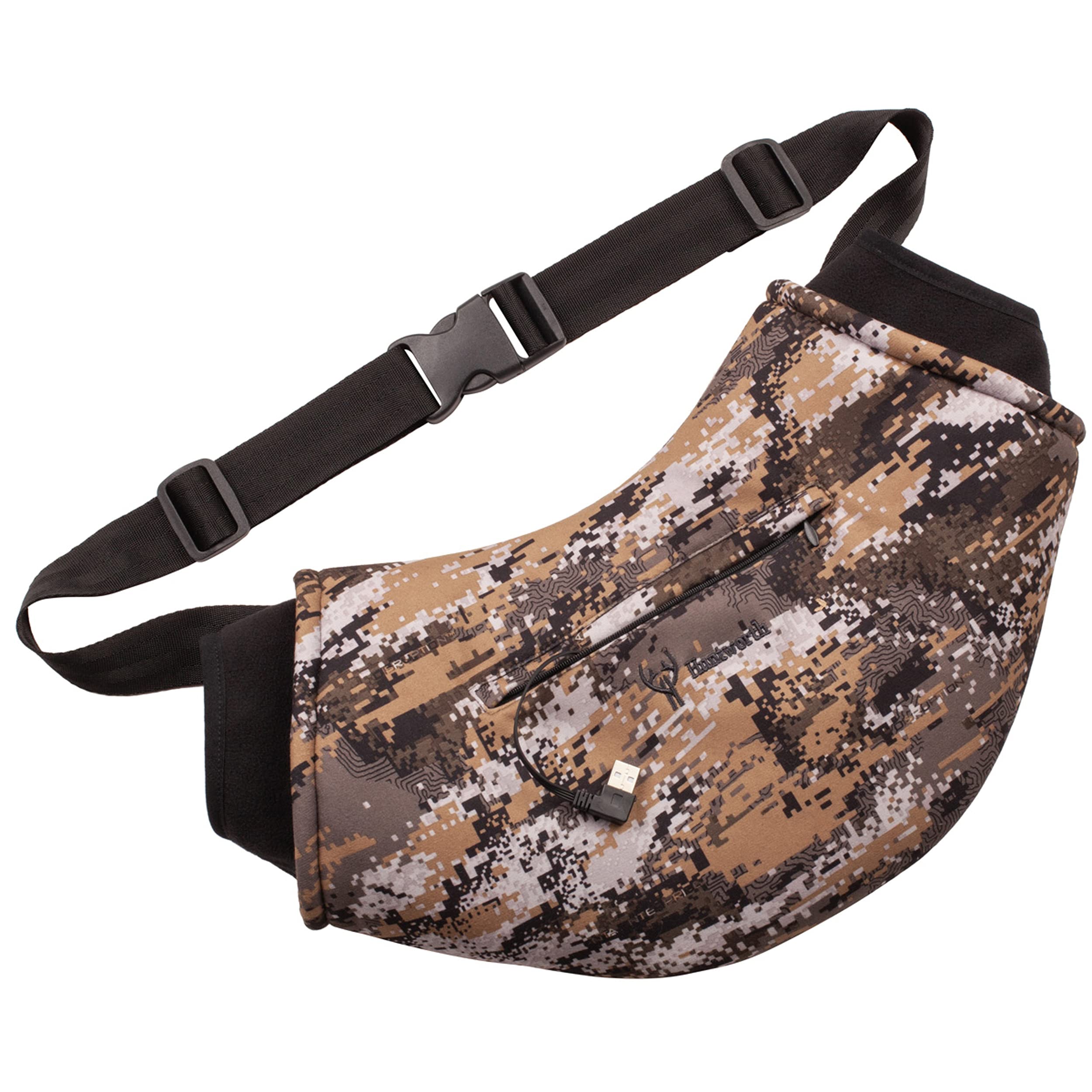 Huntworth Mammoth muff side view with strap for secure placement in wind