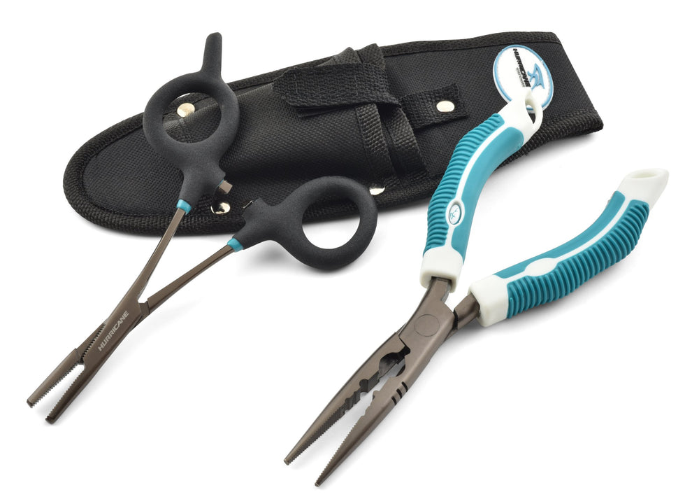 Hurricane 6-inch stainless steel fishing pliers with protective sheath for on-boat use.