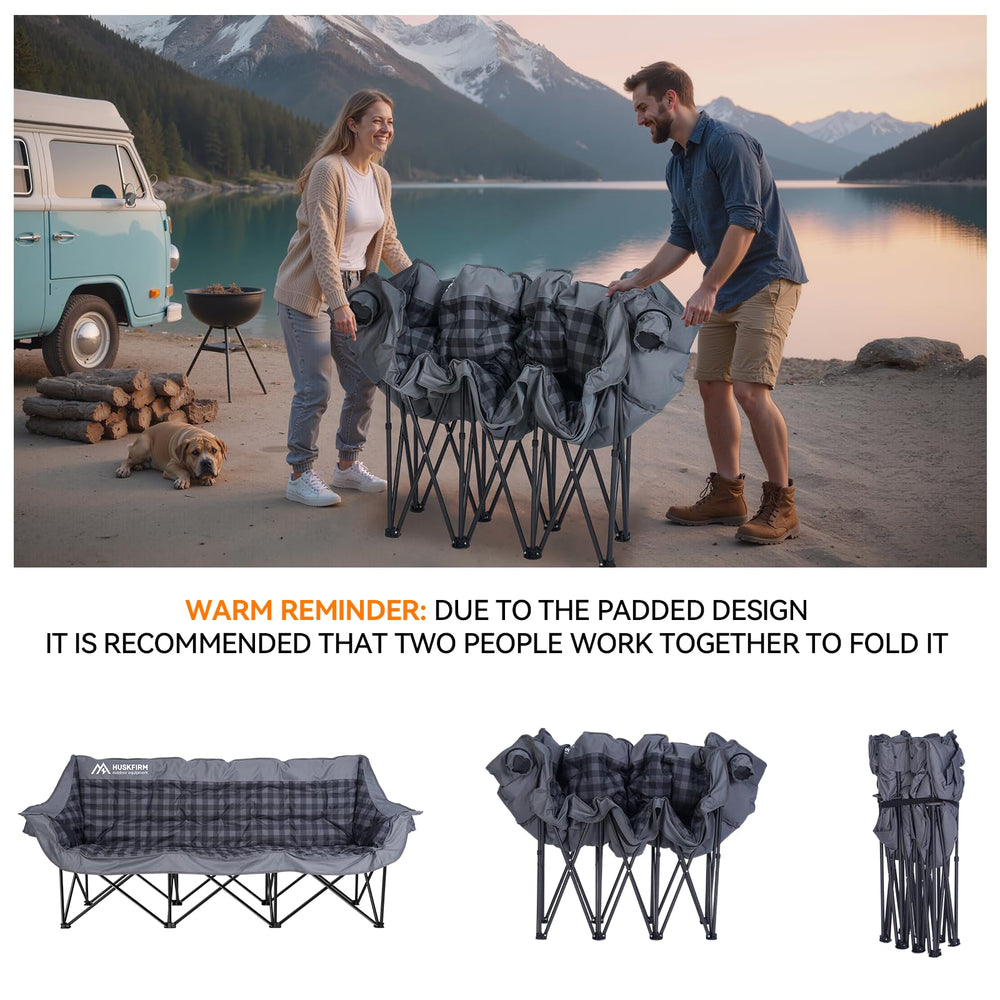 Huskfirm chair arms offer two cup holders and storage bags for essentials.