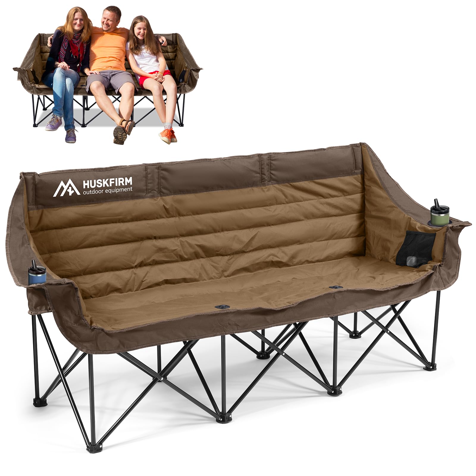 Huskfirm 3-person camping chair folded for compact travel and easy storage.