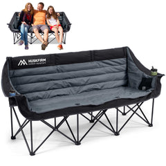 Huskfirm 3-person camping chair unfolds into a spacious outdoor loveseat for three.
