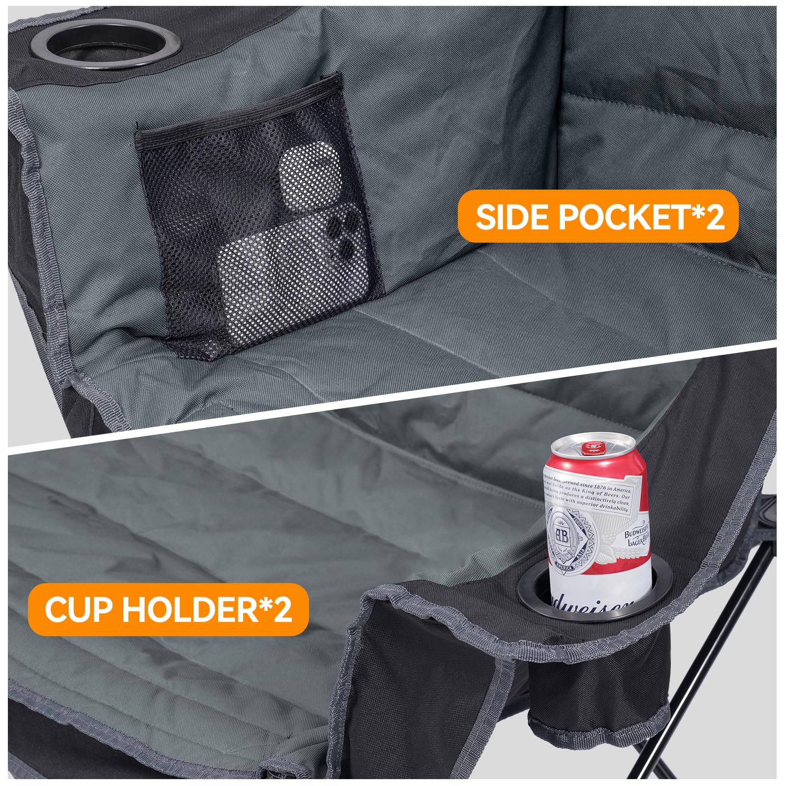 Huskfirm camping chair provides storage pockets for magazines and snacks.
