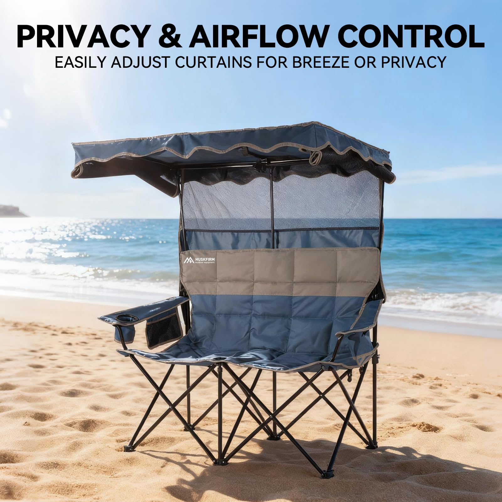 Huskfirm double beach chair ideal for camping, beach trips, and fishing outings.
