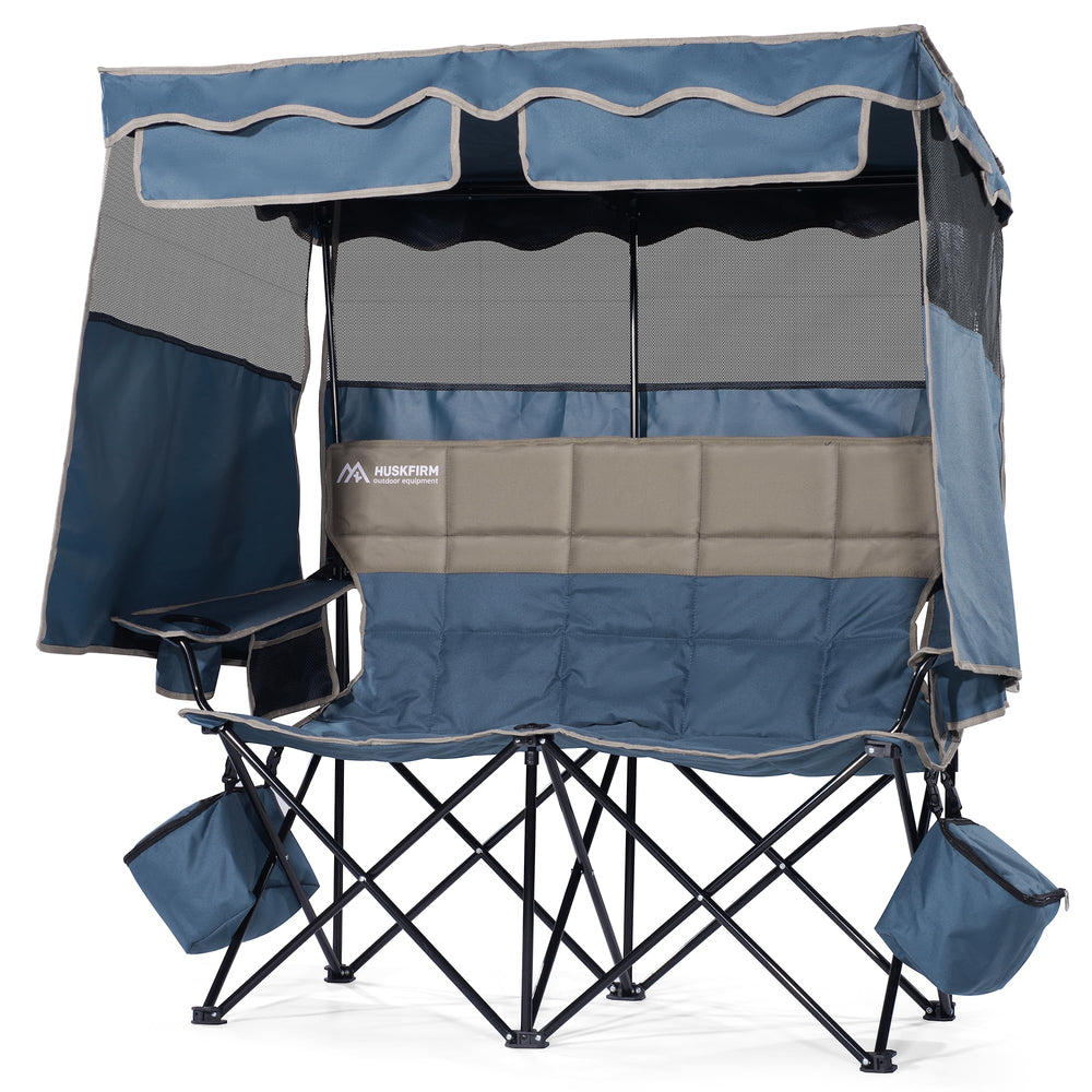Huskfirm double beach chair canopy front view provides all-day shade for beach days.