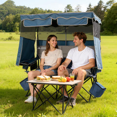 Huskfirm double beach chair canopy side view highlights adjustable privacy and ventilation.