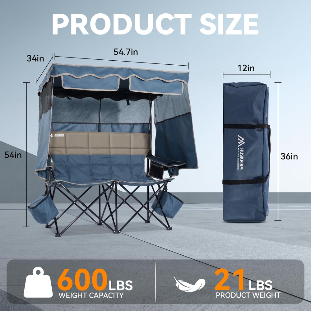 Huskfirm double beach chair removable roof showcases flexible sunshade for different skies.