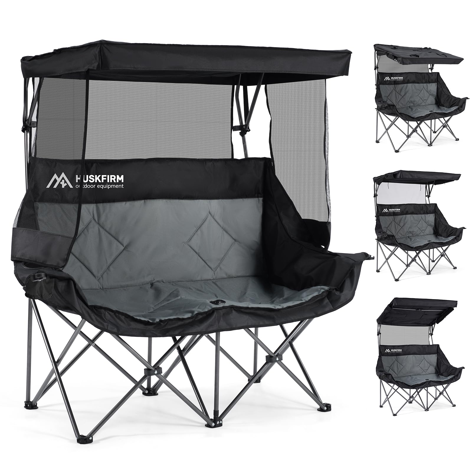 Huskfirm double camping chair canopy setup providing adjustable shade for sun-heavy days