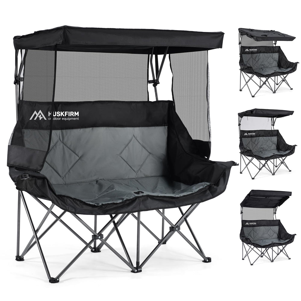 Huskfirm double camping chair canopy setup providing adjustable shade for sun-heavy days