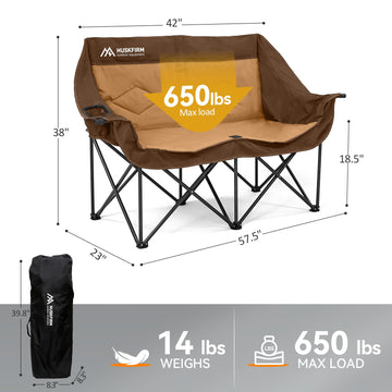 Huskfirm double camping chair shows cupholders and back pockets for drinks and devices
