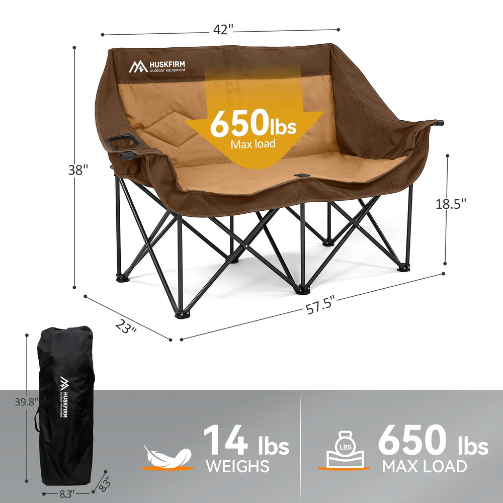 Huskfirm double camping chair shows cupholders and back pockets for drinks and devices