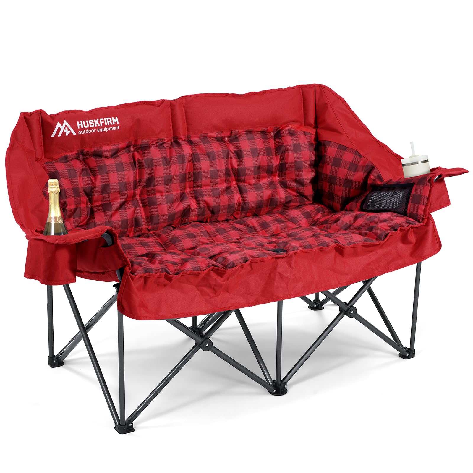 Huskfirm double camping chair padded loveseat provides comfortable two-person outdoor seating.