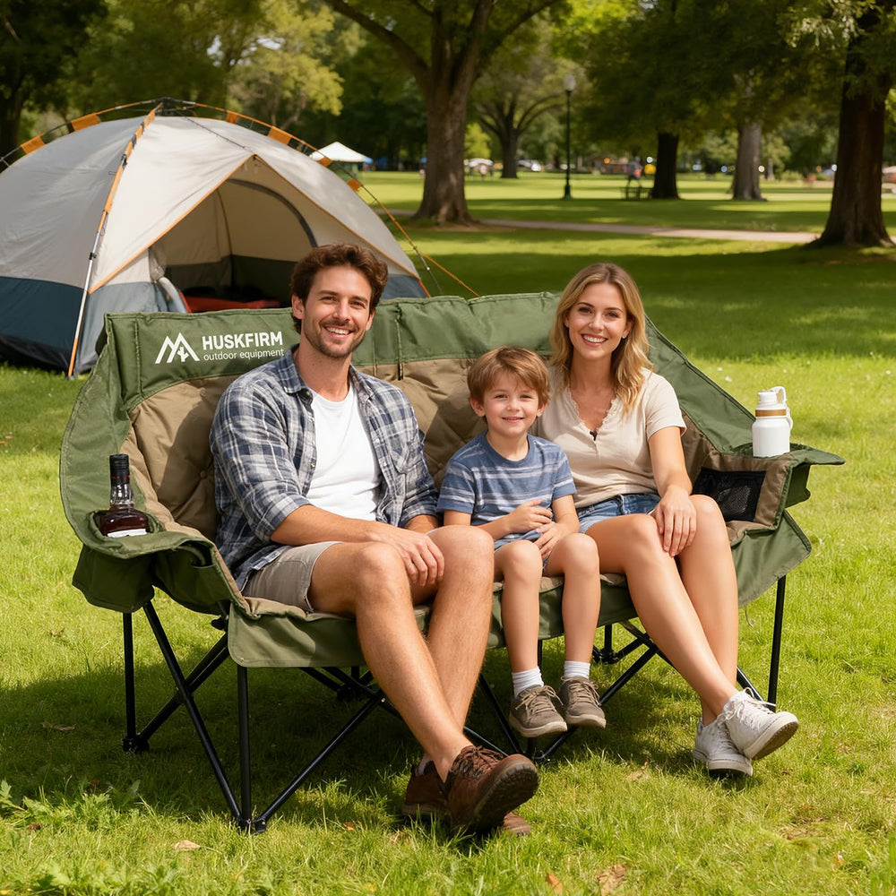Huskfirm double camping chair plush cushion provides back support and comfort.