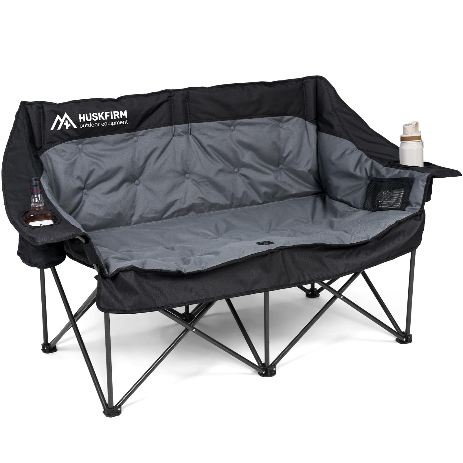Huskfirm double camping chair with steel frame, front view for sturdy two-person seating.
