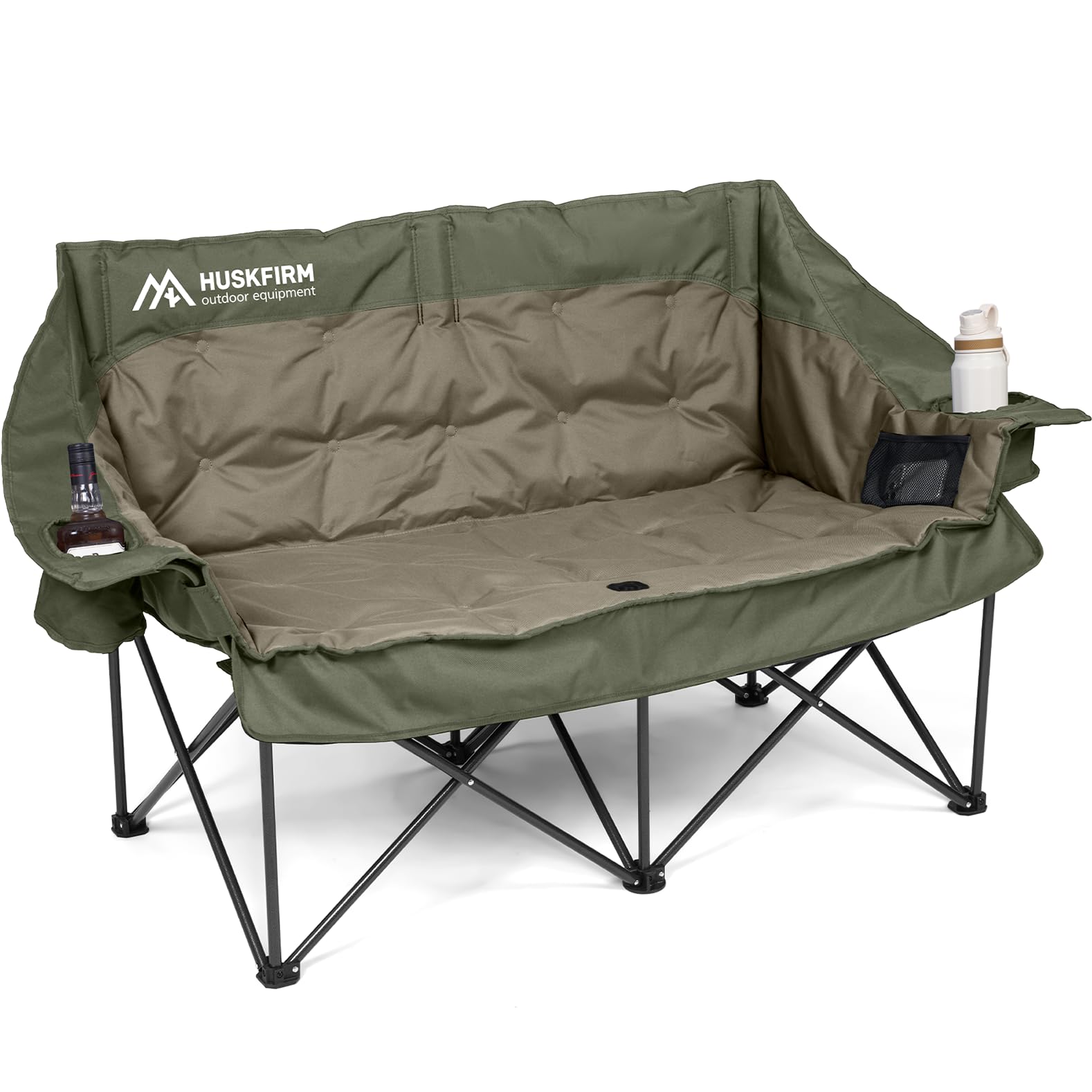 Huskfirm double camping chair with steel frame supports up to 600 pounds outdoors.