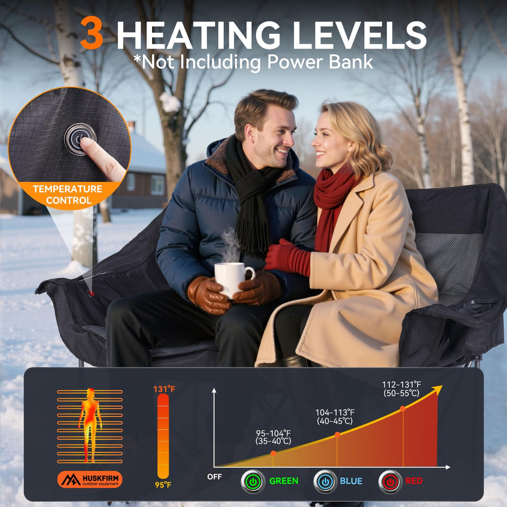 Huskfirm heated double camping chair heat zones close-up emphasizes even warmth