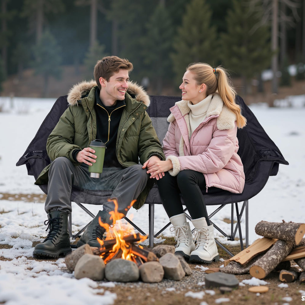 Huskfirm heated double camping chair side angle reveals two independent heat zones