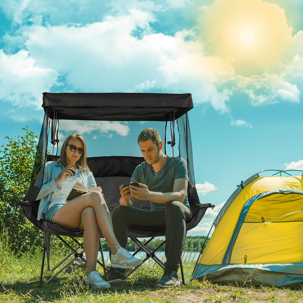 Huskfirm outdoor scene featuring comfortable double chair at beach or campsite