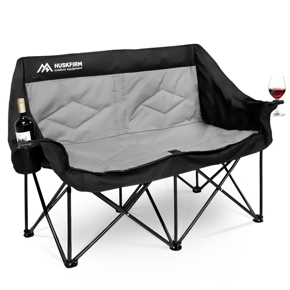 Huskfirm oversized 2-person camping chair offers roomy seating for relaxed outdoor conversations.