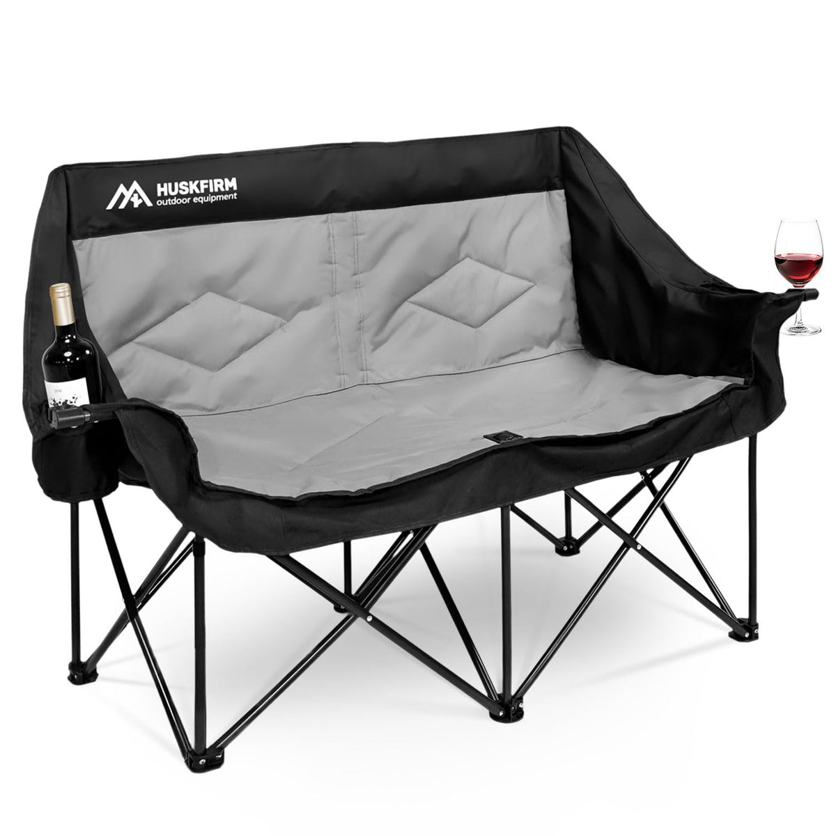 Huskfirm oversized 2-person camping chair offers roomy seating for relaxed outdoor conversations.