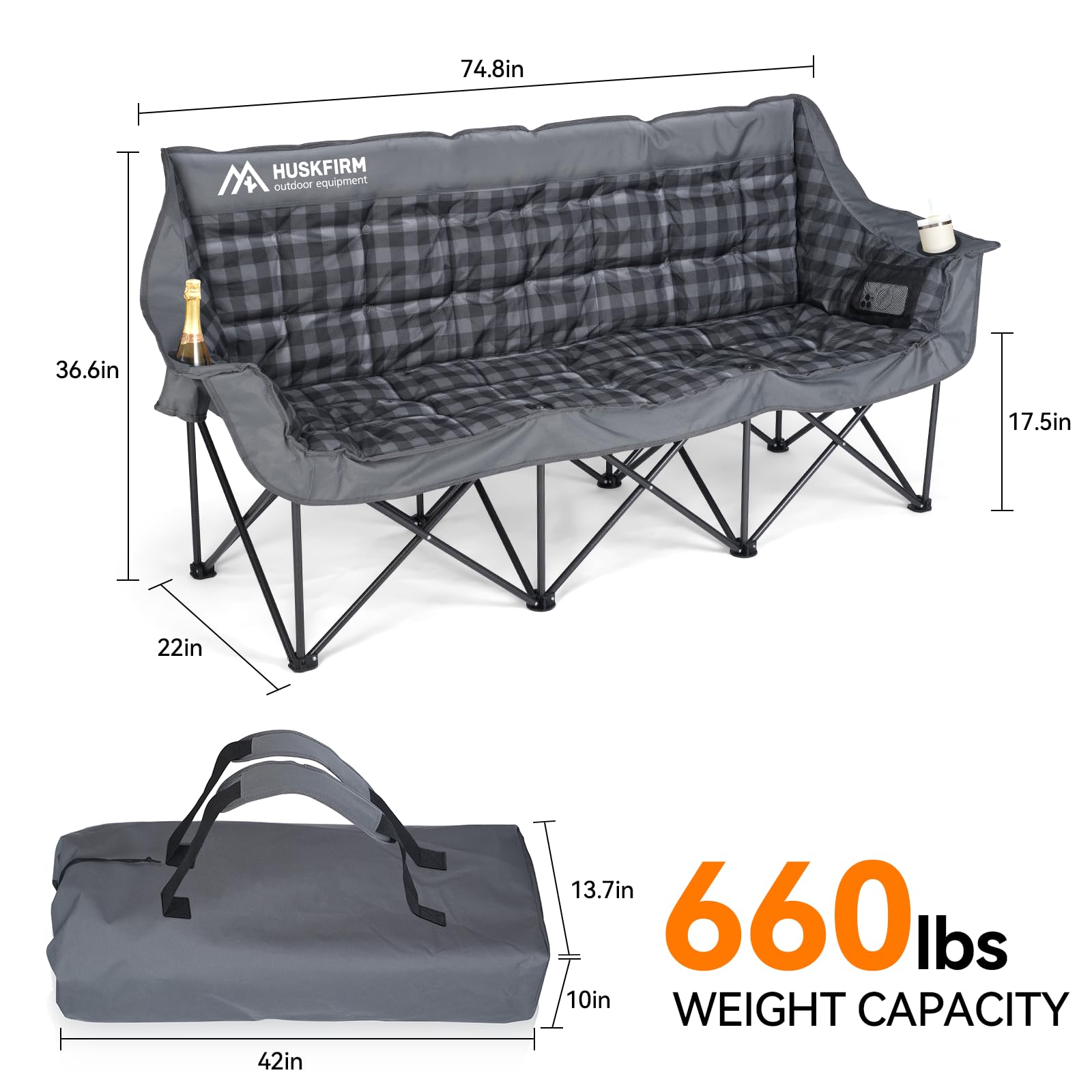 Huskfirm oversized 74-inch chair provides wide seating for families and friends.