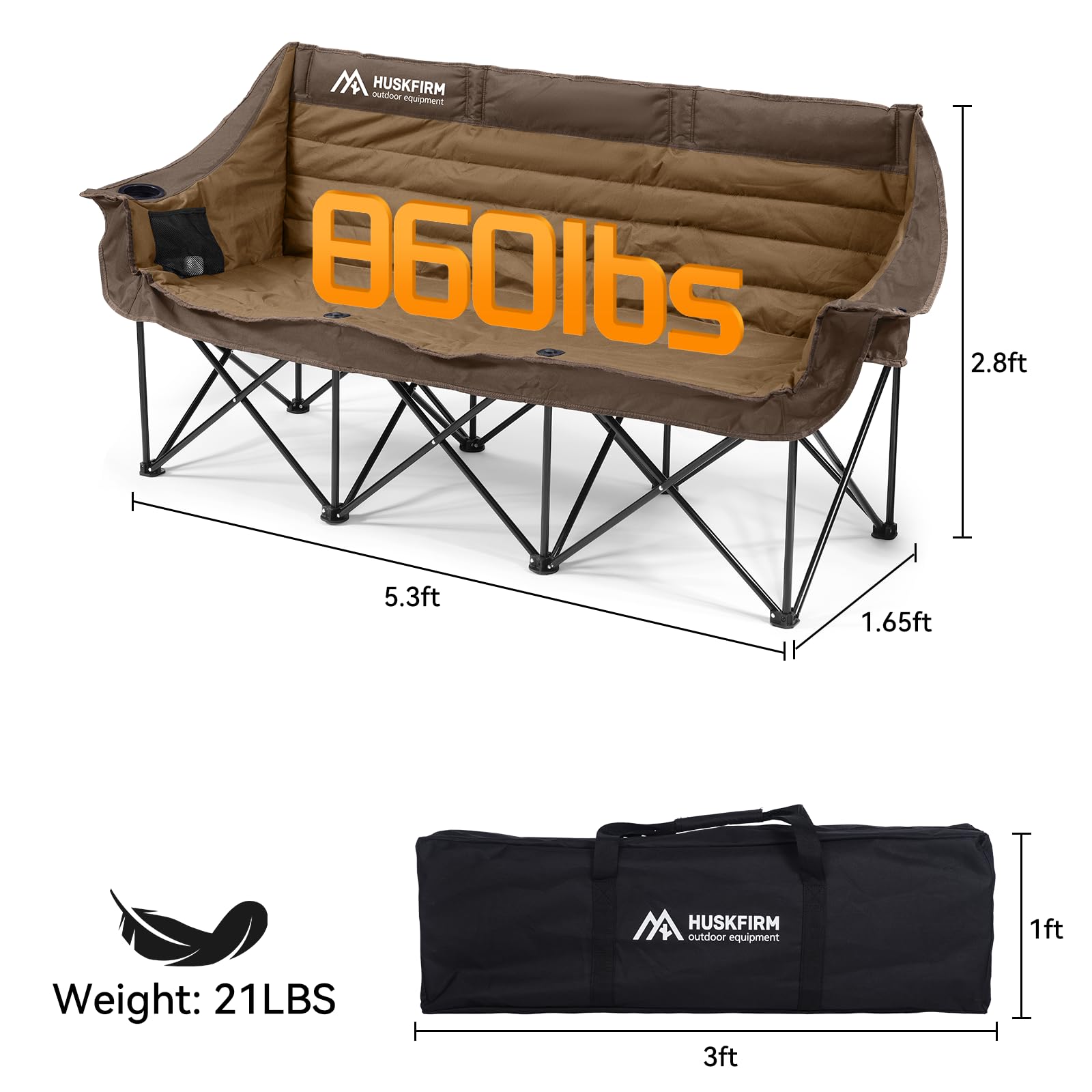 Huskfirm padded camping chair 78in length for roomy, relaxed seating.