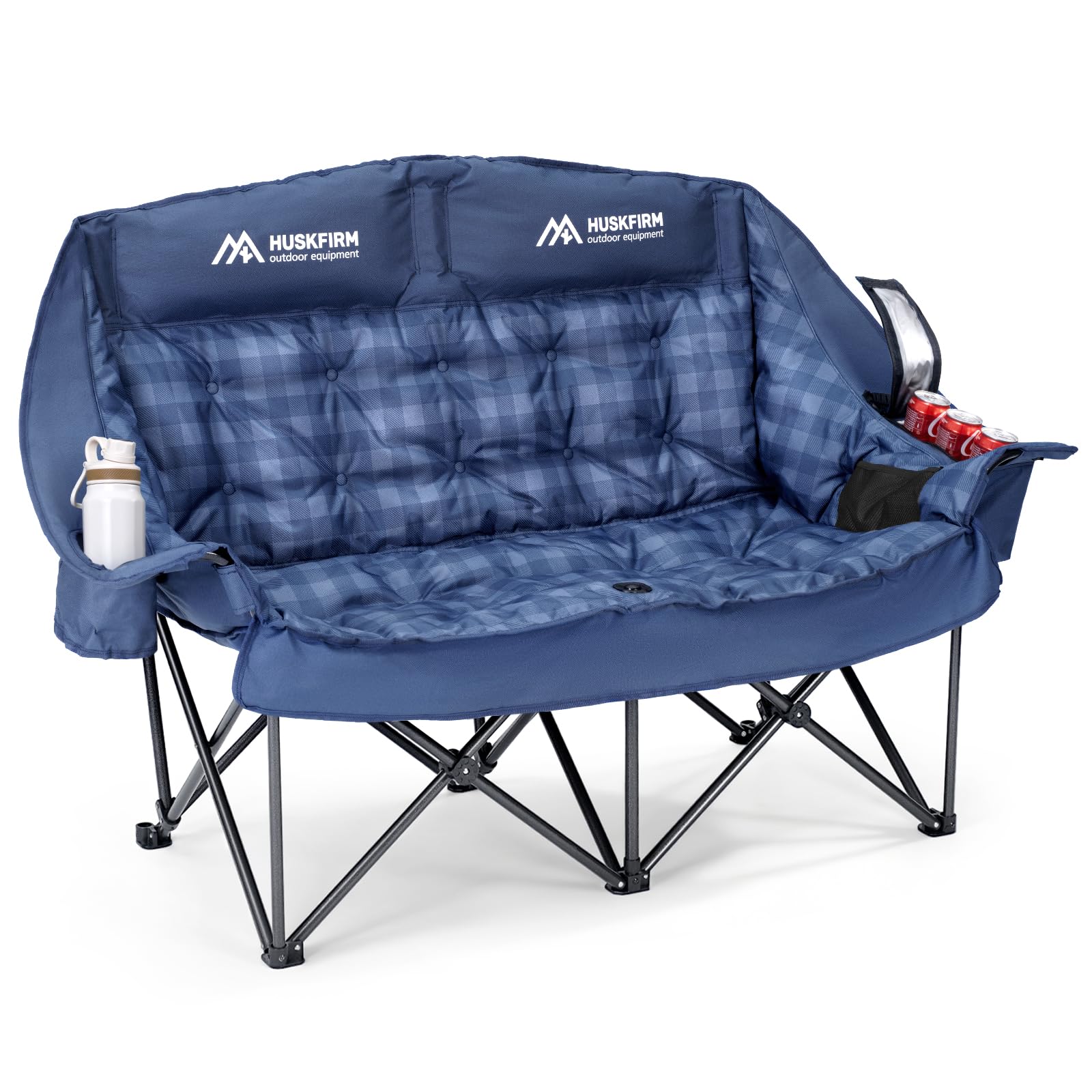 Huskfirm padded double camping chair blue backrest improves support during long outdoor sessions.