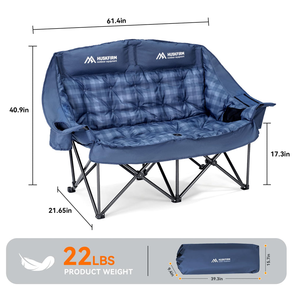 Huskfirm padded double camping chair blue cooler keeps beverages cold during sunny days outdoors.