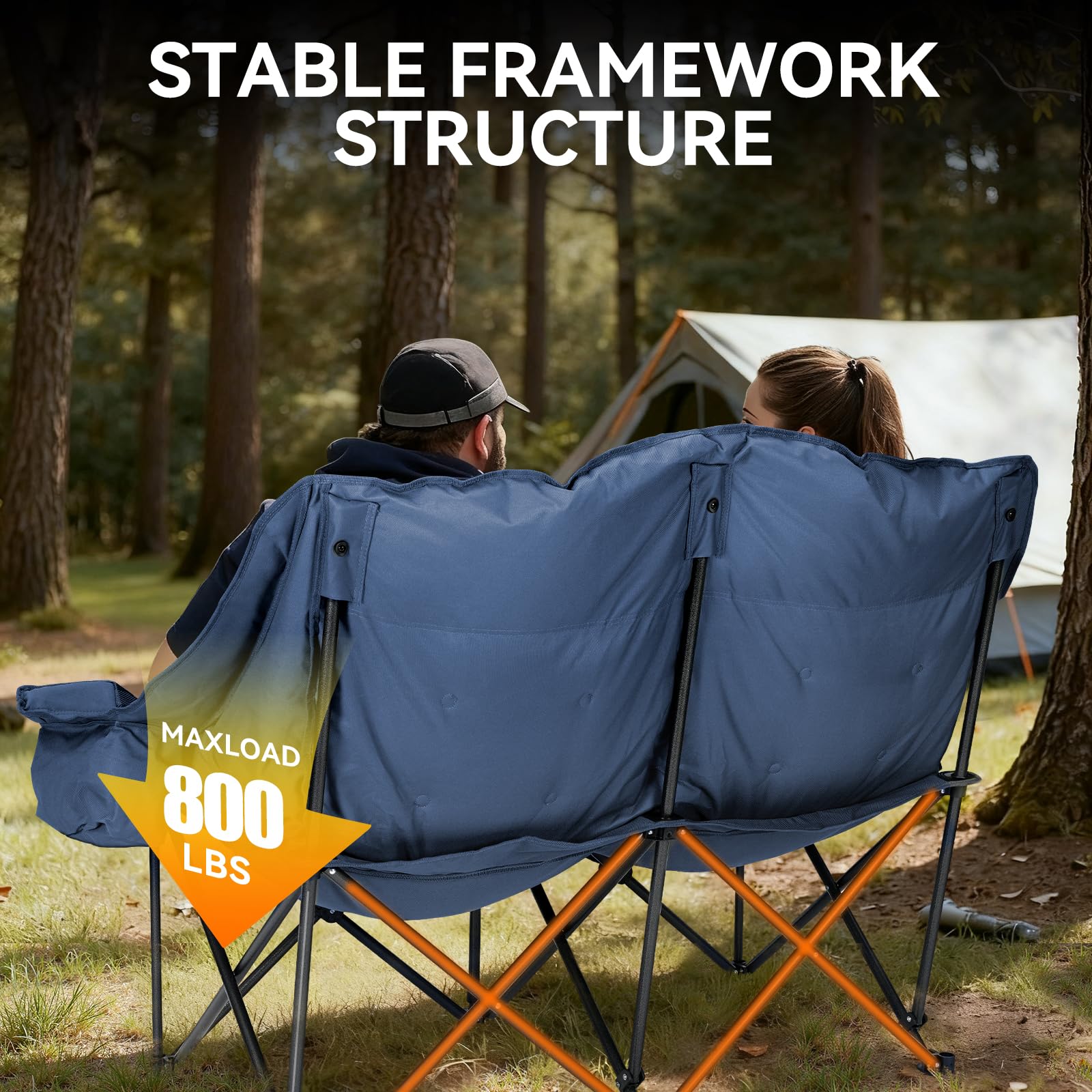 Huskfirm padded double camping chair blue non-slip feet stabilize on grass or sand.
