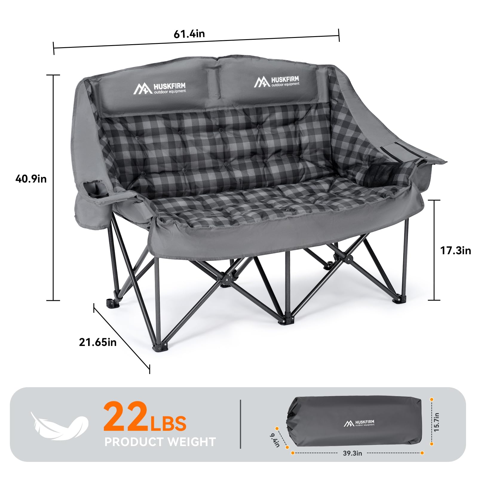 Huskfirm padded double camping chair cooler keeps beverages cold during outdoor use.