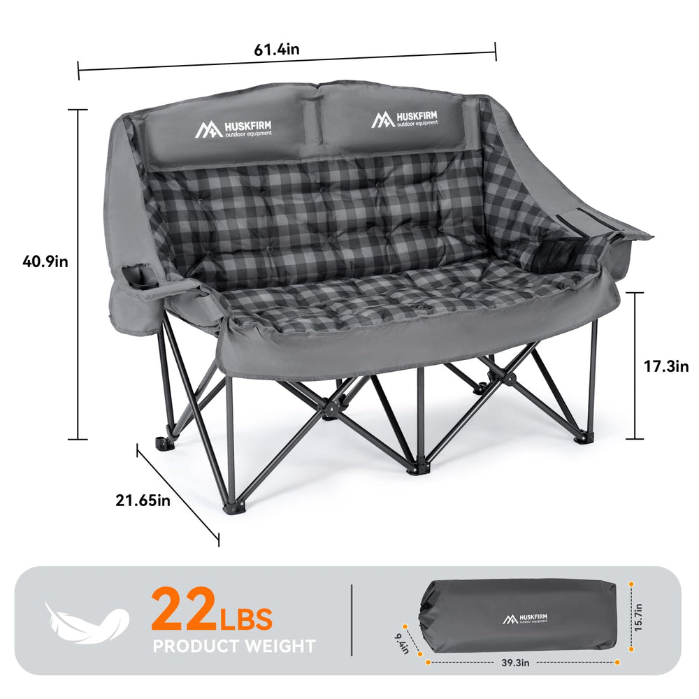 Huskfirm padded double camping chair cooler keeps beverages cold during outdoor use.