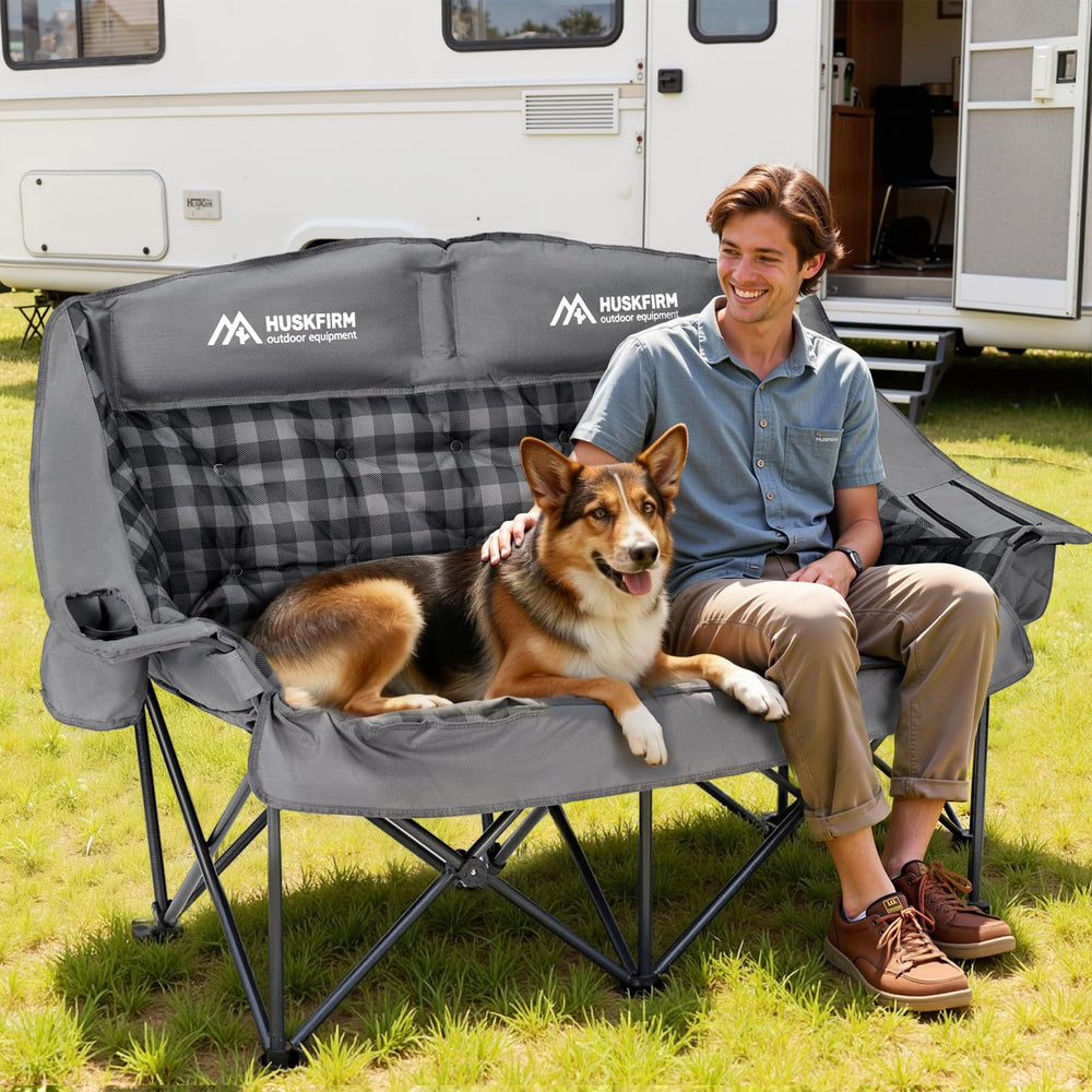 Huskfirm padded double camping chair cup holder keeps drinks within easy reach.