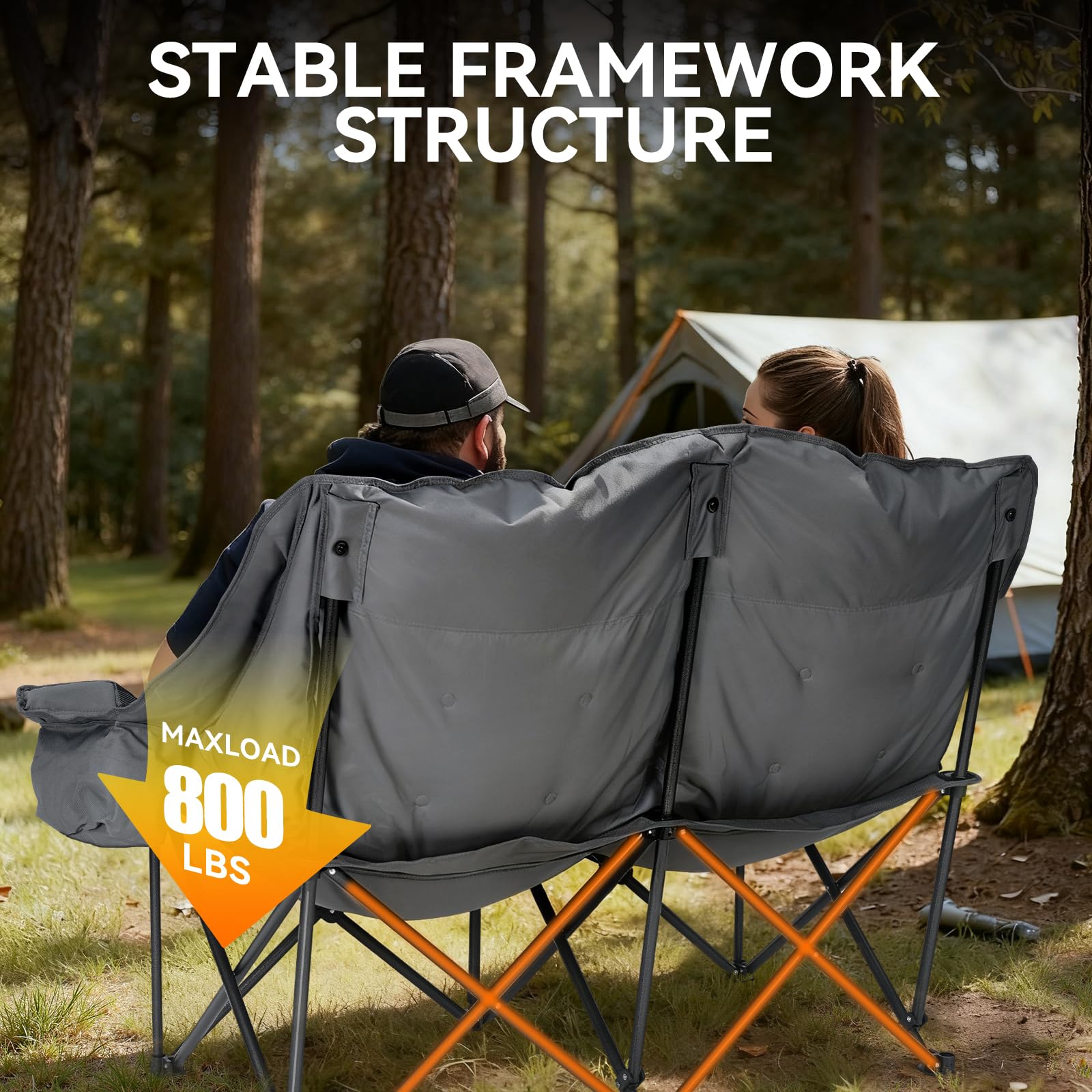 Huskfirm padded double camping chair outdoor setup on grass demonstrates stable seating.
