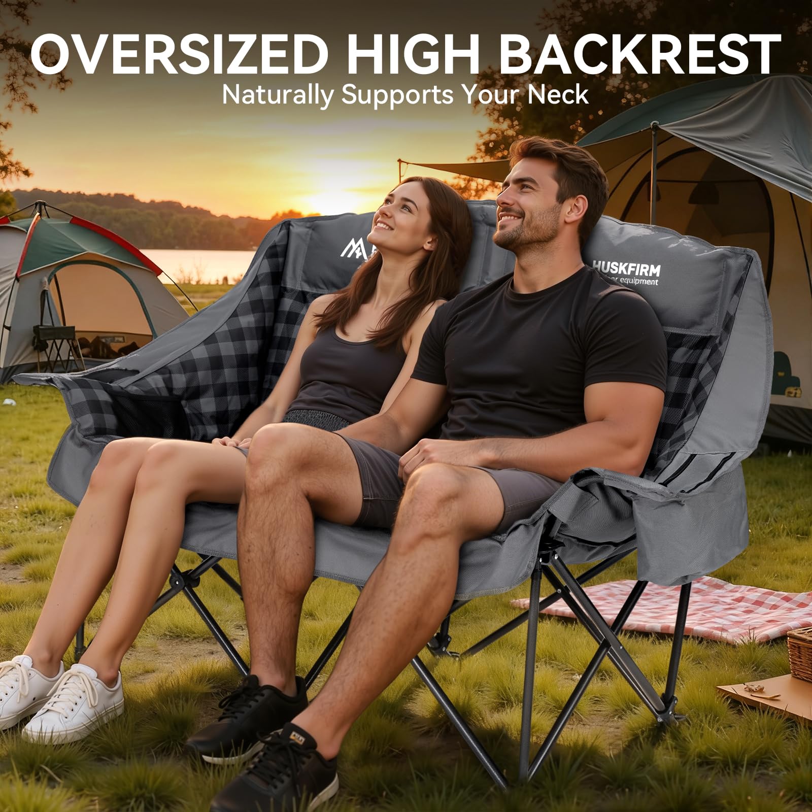 Huskfirm padded double camping chair steel frame ensures sturdy, durable seating.