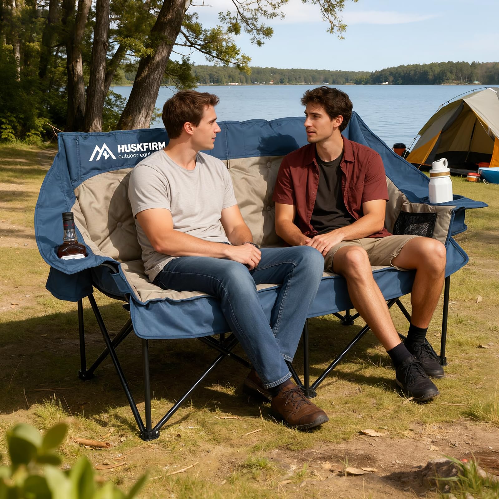 Huskfirm padded loveseat offering two-person seating during camping and beach days.
