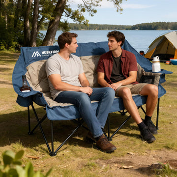 Huskfirm padded loveseat offering two-person seating during camping and beach days.