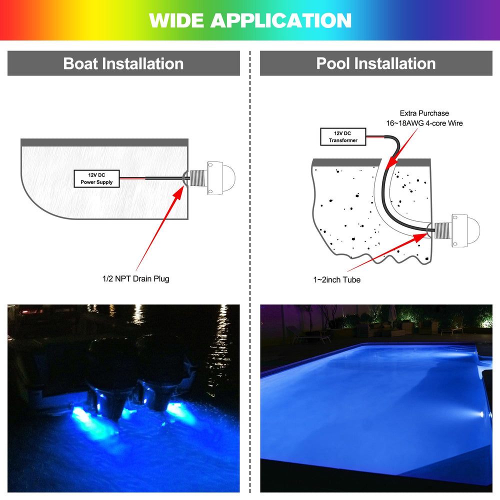 Blue underwater drain light displaying a 60-degree beam angle