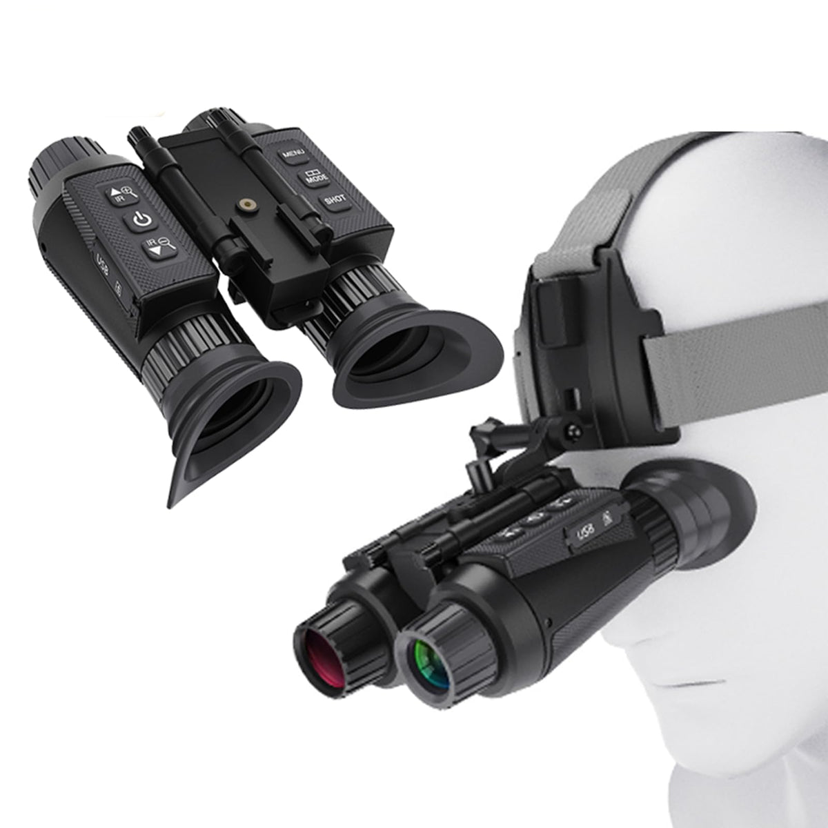 HUVIOVED NV8300 front view showing compact head-mounted design for hands-free night scouting.