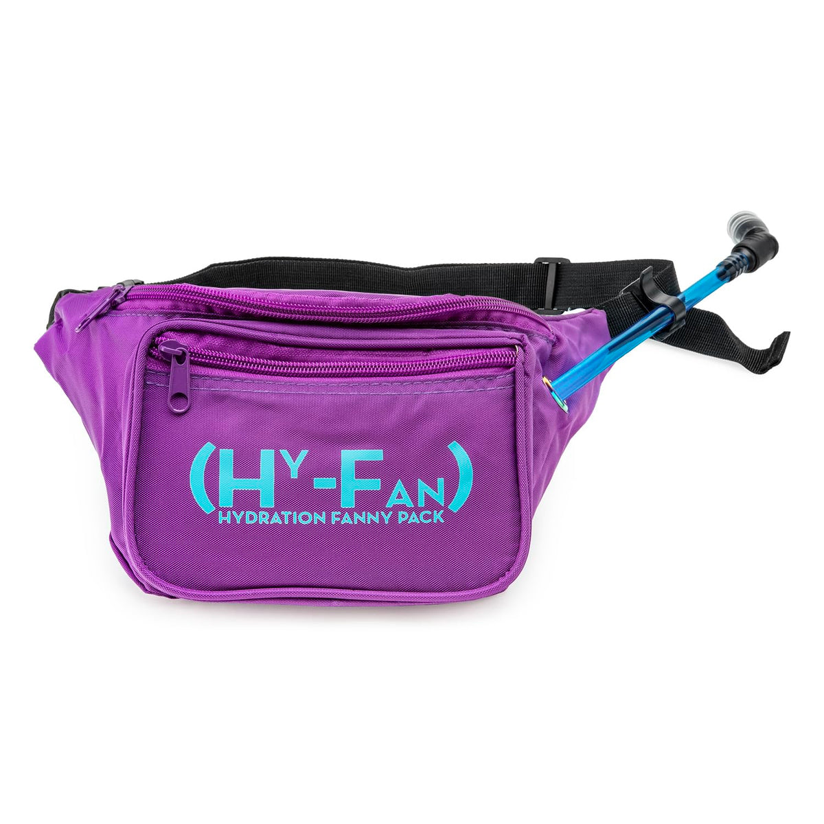 HY-FAN hydration waist pack purple-pocket enables hands-free hydration during workouts.