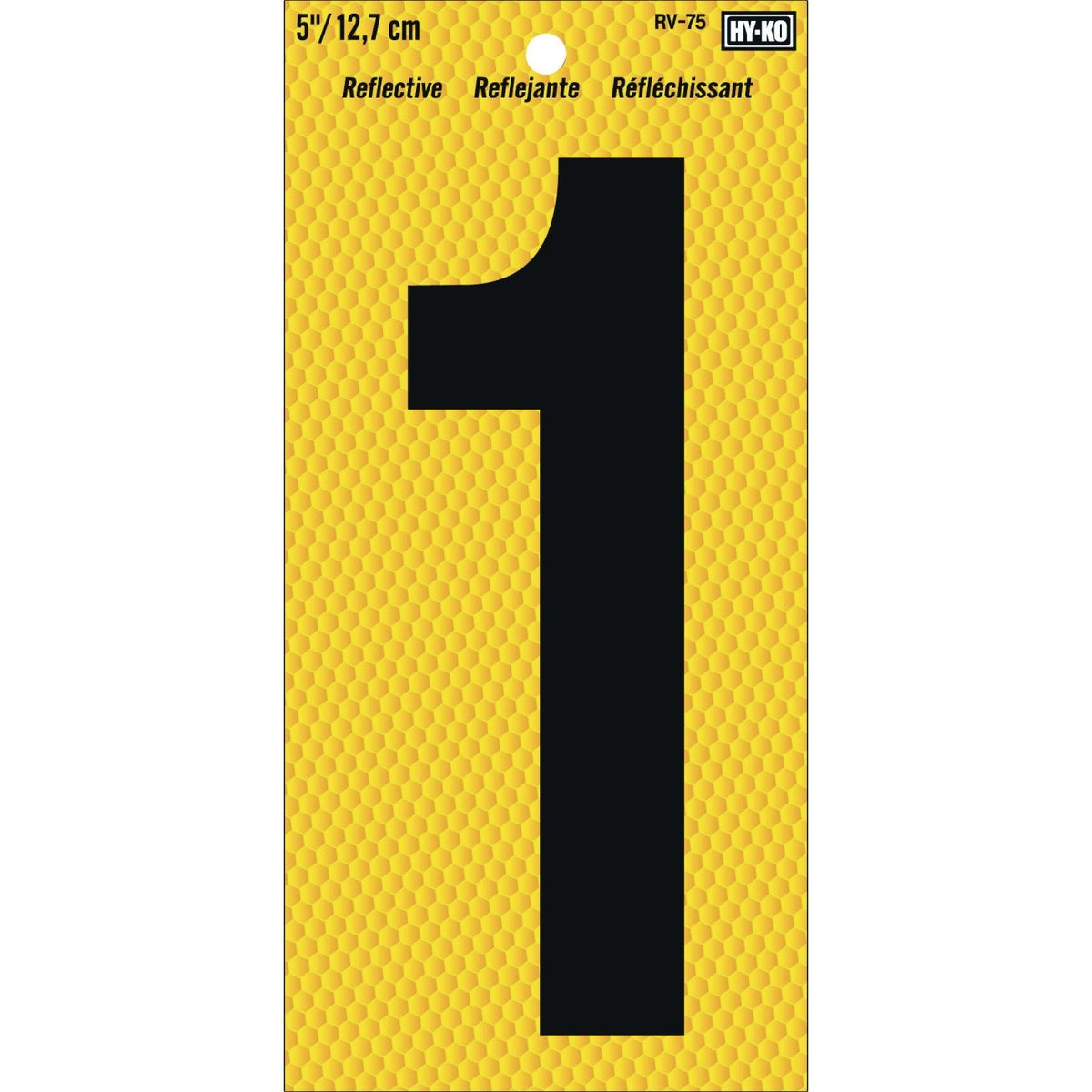 Hy-Ko 5-inch blk/yel reflective number for clear address markers at night.