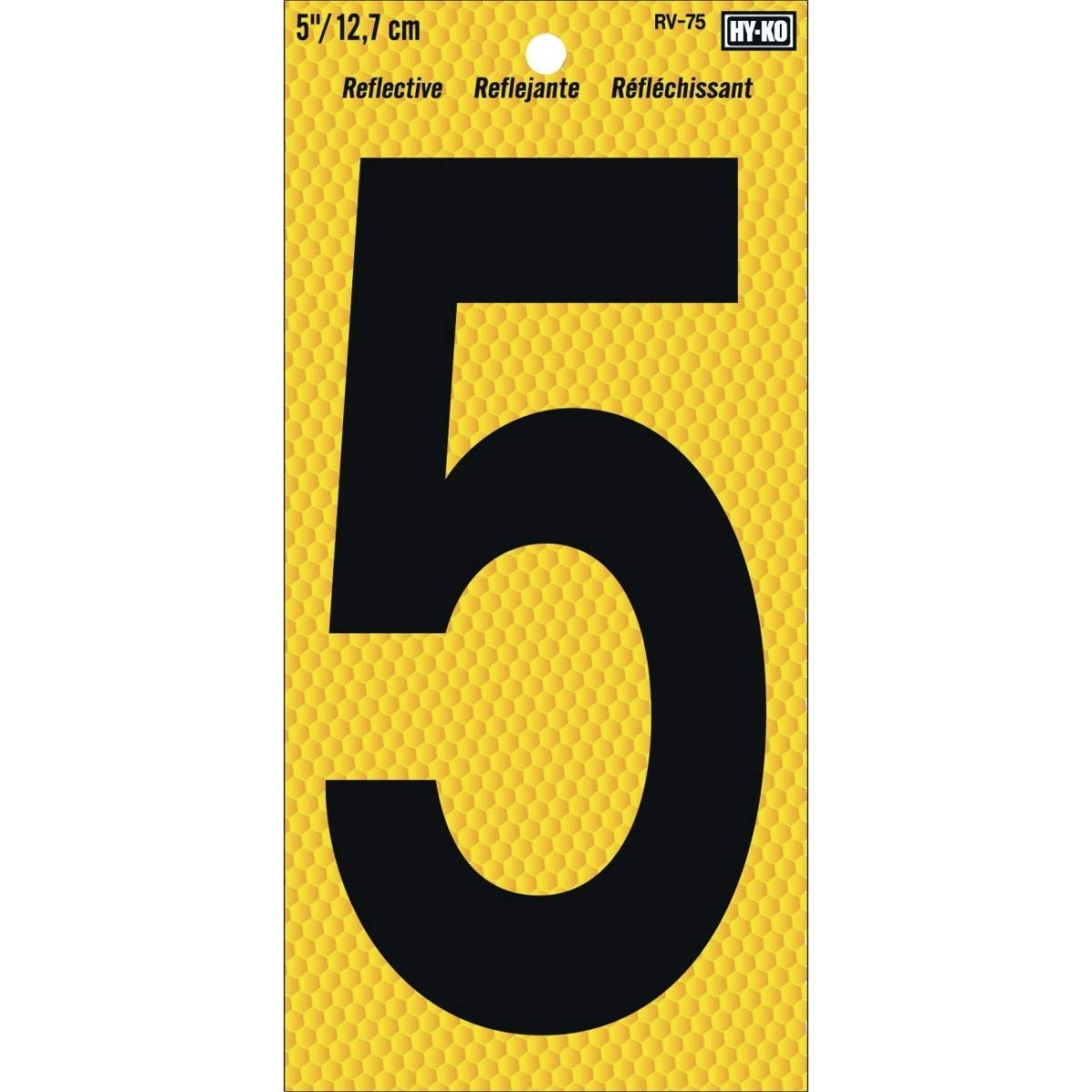 Hy-Ko 5-inch black-on-yellow reflective number enhances nighttime visibility for mailboxes or posts.