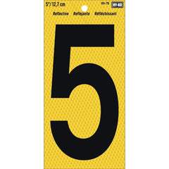 Hy-Ko 5-inch black-on-yellow reflective number enhances nighttime visibility for mailboxes or posts.