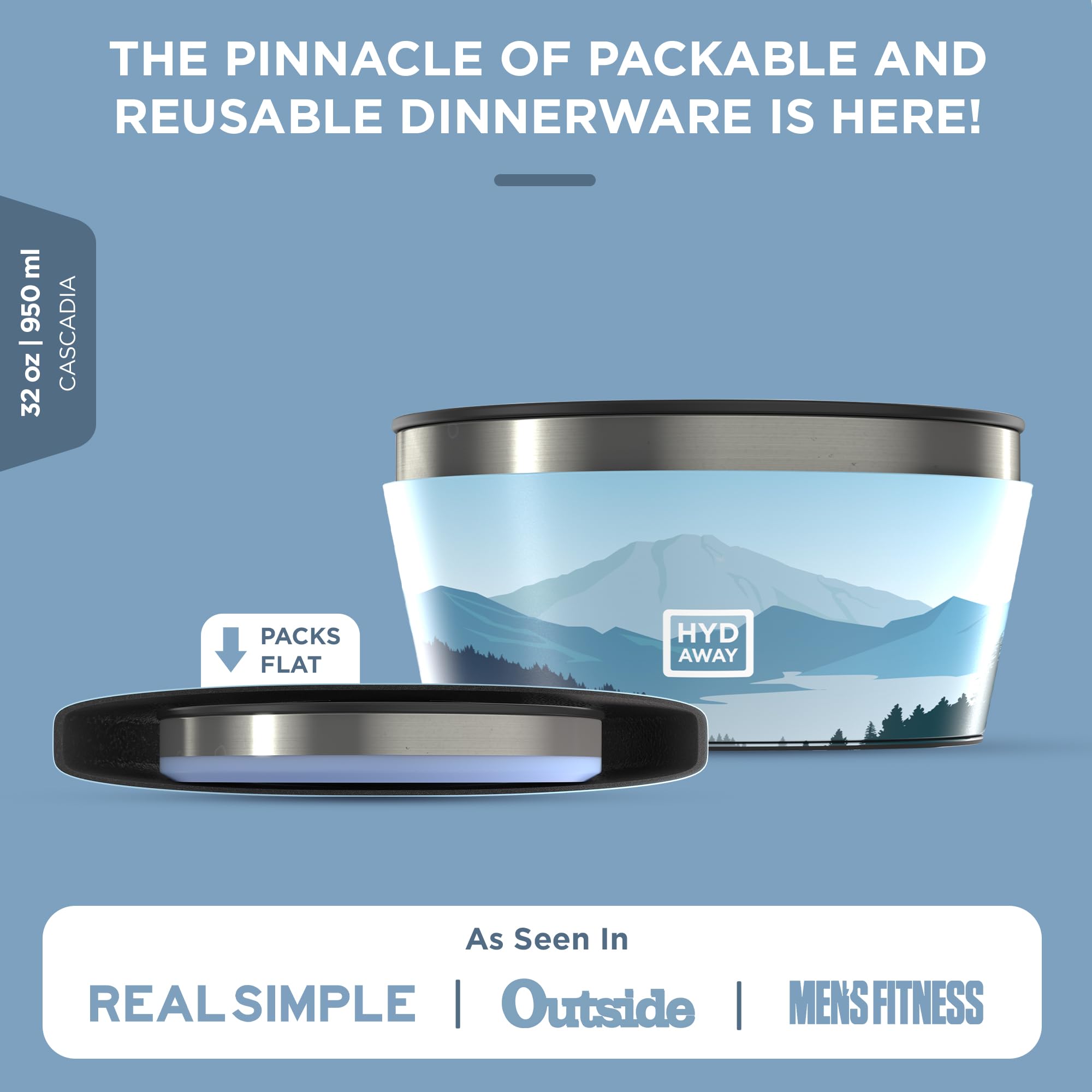 HYDAWAY collapsible bowl flat-packed demonstrates space-saving for backpacks and vans.