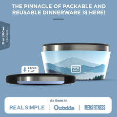 HYDAWAY collapsible bowl flat-packed demonstrates space-saving for backpacks and vans.