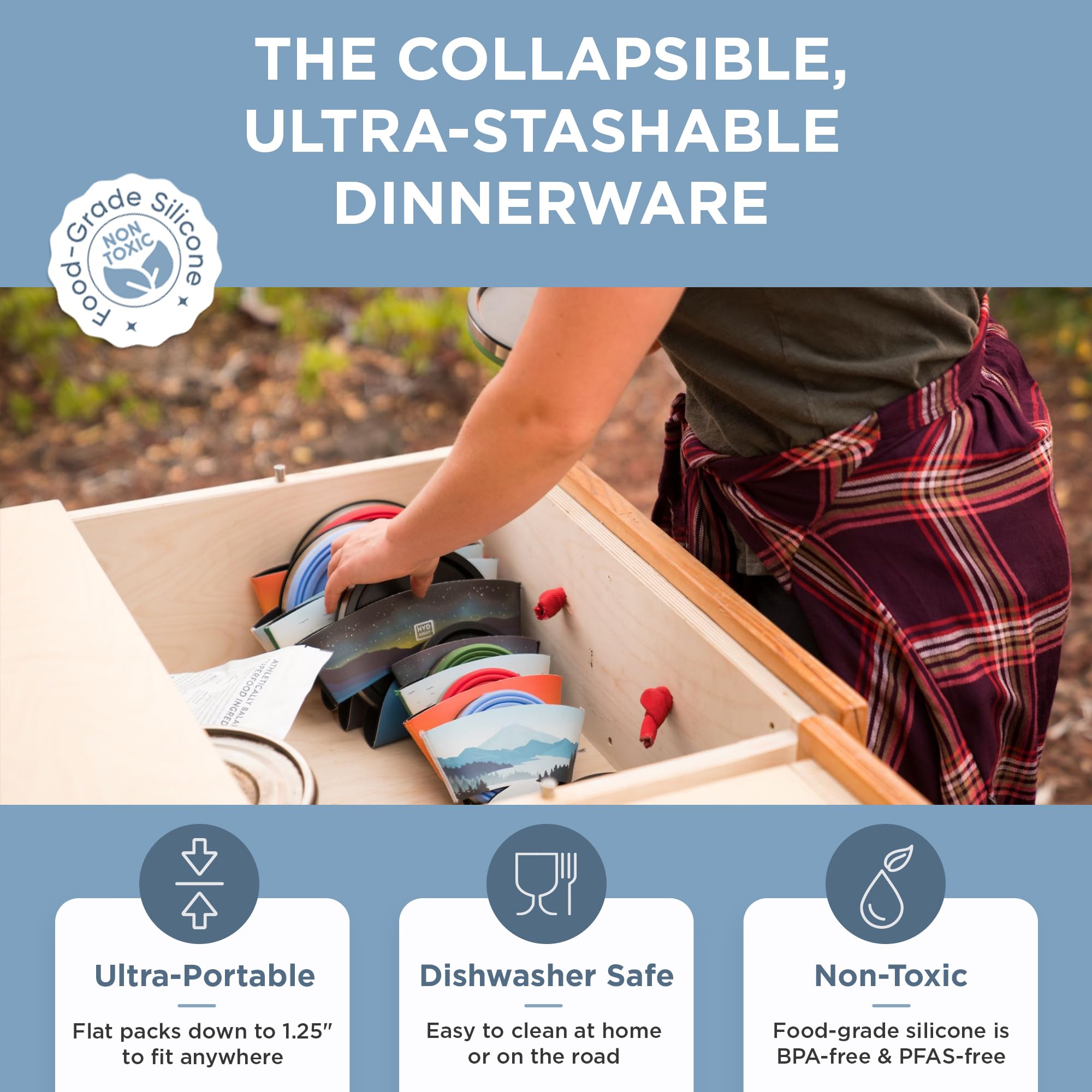 HYDAWAY insulated double-wall bowl preserves heat or cold during outdoor meals.