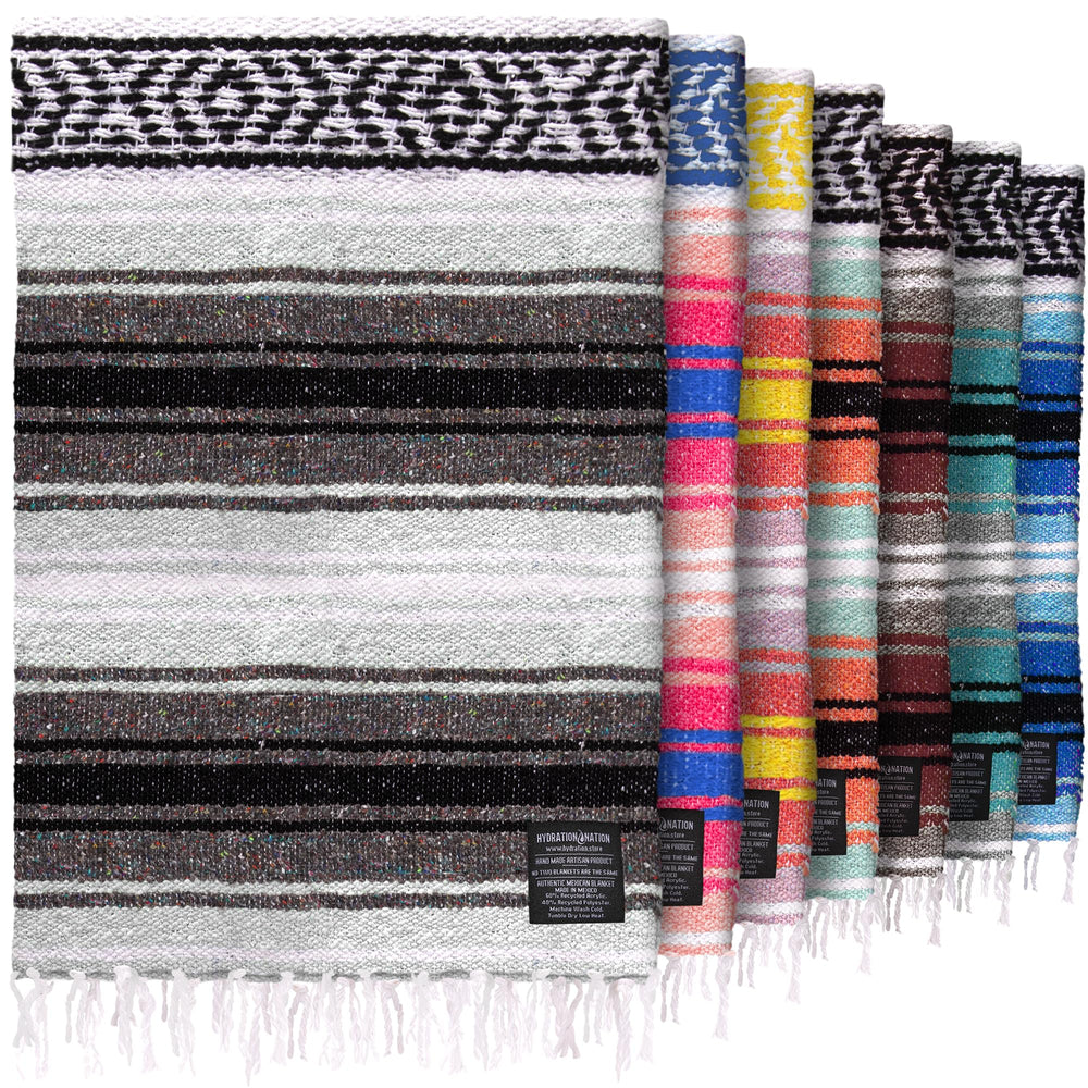Hydration Nation authentic extra-large Mexican blanket gray full-view for cozy outdoor lounging.